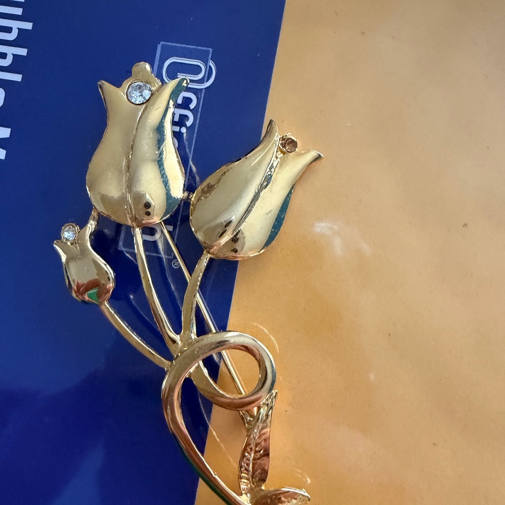Gold Tulip Brooch with Rhinestone Accents
